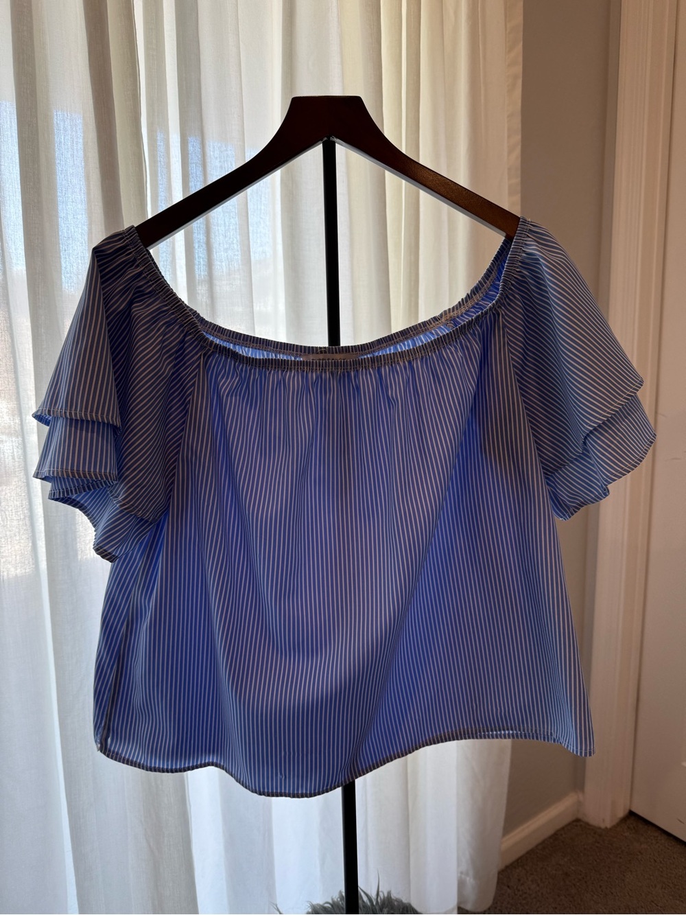 Purple Snow Blue & White Striped off the shoulder top